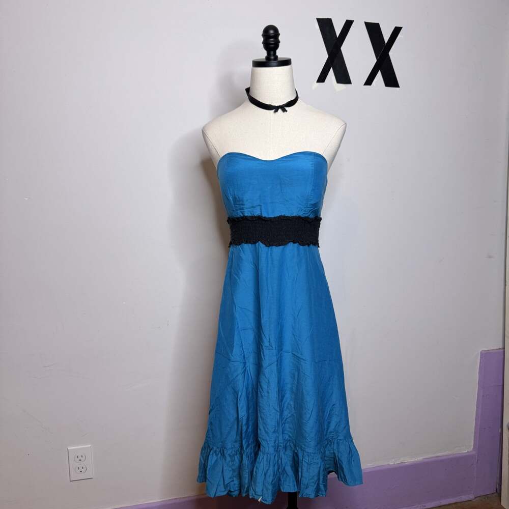 Vintage Y2K Blue Silk Chiffon Babydoll Dress • Strapless Layered Indie Party M